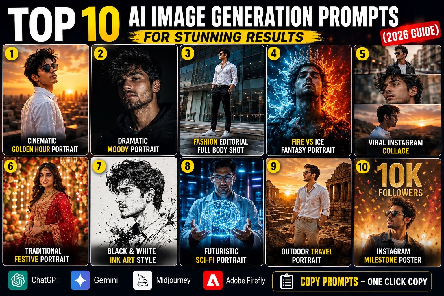 Top 10 AI Image Generation Prompts (2026) – Viral Cinematic AI Photo Prompts
